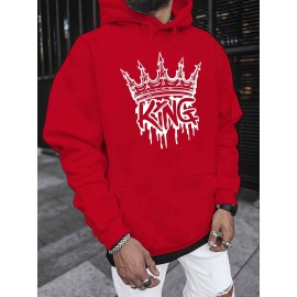 Men'S Casual King Crown Print Hoodie, 100% Polyester Long Sleeve Sweatshirt, Winter Knit Fabric with Slight Stretch, Regular Fit Hooded Top, 200g/m² - Trendy American Style Clothing Gift