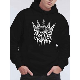 Men'S Casual King Crown Print Hoodie, 100% Polyester Long Sleeve Sweatshirt, Winter Knit Fabric with Slight Stretch, Regular Fit Hooded Top, 200g/m² - Trendy American Style Clothing Gift