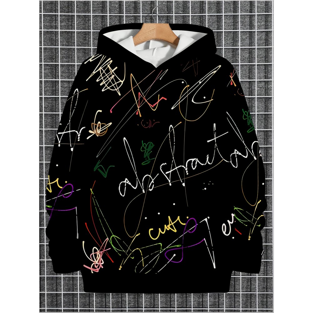 Men's Hoodie - Black with Neon Graffiti Print (Purple, Green, Red, Yellow, White) - Streetwear Pullover Sweatshirt - Machine Washable Urban Fashion Hoodie for Men, Essential Hoodie, Casual Wear, Bold Lettering Design, Comfortable Fabric, Young Adults
