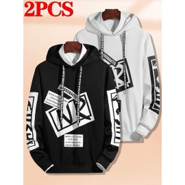 2-Pack Men'S Casual Long Sleeve Hooded Sweatshirts, Polyester Knit Fabric with Slight Stretch, Regular Fit, Alphabet Pattern, Sports Style Hooded Pullover for Outdoor, Leisure & Athletic Wear