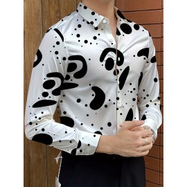 [Elegant Style] Men's Formal Dress Shirt - Sleek White with Modern Black & Gray Abstract Print, Polyester Blend, Non-Stretch, Button-Up with Lapel Collar, Ideal for All Seasons, Formal Attire|Classic Buttonup|Sleek Tailored Fit