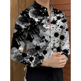 [Elegant Style] Men's Formal Dress Shirt - Sleek White with Modern Black & Gray Abstract Print, Polyester Blend, Non-Stretch, Button-Up with Lapel Collar, Ideal for All Seasons, Formal Attire|Classic Buttonup|Sleek Tailored Fit