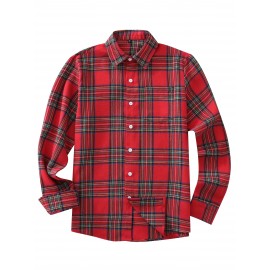 Men'S Casual Red and Green Plaid Long Sleeve Shirt - Polyester, Non-Stretch, Single Breasted, Pocket, Weekend Casual, Regular Fit