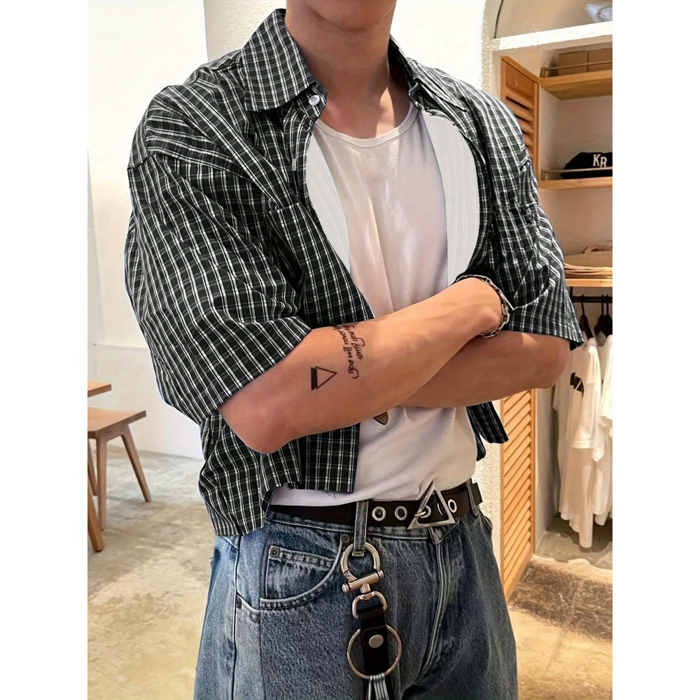 Casual Plaid Shirt for Men, Spring Summer Fall, Short Sleeve, Suitable for Casual Comfort, Holidays, Dates, and Daily Wear, 100% Polyester, Machine Washable, Not Dry Cleanable, WXY9331