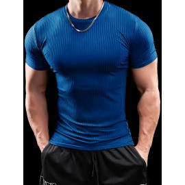 5pcs Men'S Short Sleeve Ribbed Knit T-Shirts - Breathable & Comfortable, Casual Solid Color Crew Neck Tees for Spring/Summer, Lightweight Polyester Blend, Perfect for Casual Attire, Spring Summer Apparel | Casual Style | Comfortable Fit