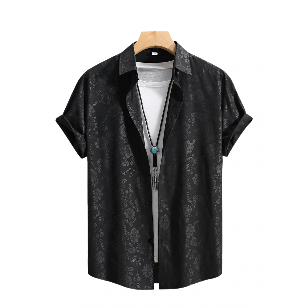 [Floral Shirt] Men's Lightweight Summer Casual Short Sleeve Shirt with Stylish Floral Print, Black & White Design, Polyester Blend, Perfect for Casual Attire, Short Sleeve Tops