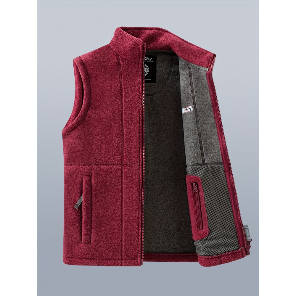 Men'S Patriotic Vest with American Flag Embroidery - Warm Fleece-Lined Fishing Vest for Outdoor Sports, Casual Style, Zip-Up Design, Black & Gray, Polyester Filler, Perfect for Fall/Winter