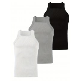 3-Pack Men's Sexy Slim-Fit Stretch Tank Tops - Sleeveless Off-Shoulder/Boat Neck Summer Muscle Tops, Medium-Stretch Fabric, Hand Wash Only, Black/Grey/White, Summer Tank Tops