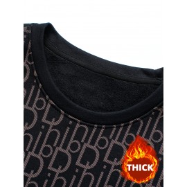 Men's Thermal Fleece-Lined Crewneck Sweatshirt - Thick Winter Warmth with Bold Letter Graphic, Soft Casual Long Sleeve Pullover, Machine Washable Cold Weather Gift for Him, Winter Sweaters, Cold Weather Apparel, Stylish Pullover