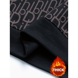 Men's Thermal Fleece-Lined Crewneck Sweatshirt - Thick Winter Warmth with Bold Letter Graphic, Soft Casual Long Sleeve Pullover, Machine Washable Cold Weather Gift for Him, Winter Sweaters, Cold Weather Apparel, Stylish Pullover