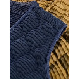 [Winter Warmth Vest] Navy Blue Quilted Corduroy Men's Winter Warmth Vest | Fleece Lining, Pockets, Button Closure | Perfect for Fall and Winter Comfort