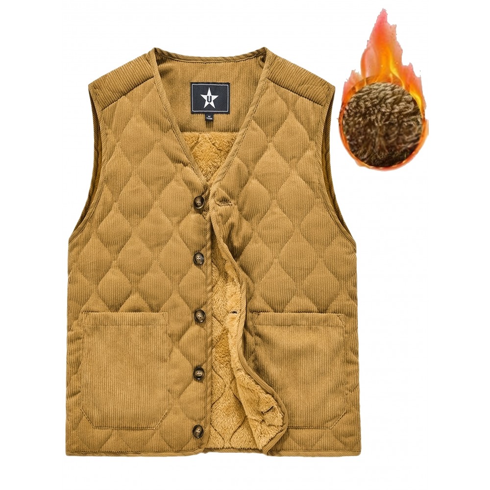 [Winter Warmth Vest] Navy Blue Quilted Corduroy Men's Winter Warmth Vest | Fleece Lining, Pockets, Button Closure | Perfect for Fall and Winter Comfort