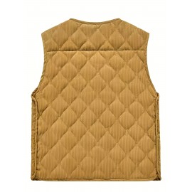 [Winter Warmth Vest] Navy Blue Quilted Corduroy Men's Winter Warmth Vest | Fleece Lining, Pockets, Button Closure | Perfect for Fall and Winter Comfort