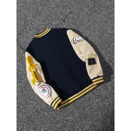 Men'S Navy Blue & White Patchwork Baseball Jacket - NY Logo & Letter Print, Snap Closure, Long Sleeve, Regular Fit with Pockets for Casual Streetwear, Baseball Jacket, Durable Fabric