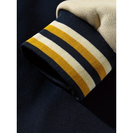 Men'S Navy Blue & White Patchwork Baseball Jacket - NY Logo & Letter Print, Snap Closure, Long Sleeve, Regular Fit with Pockets for Casual Streetwear, Baseball Jacket, Durable Fabric