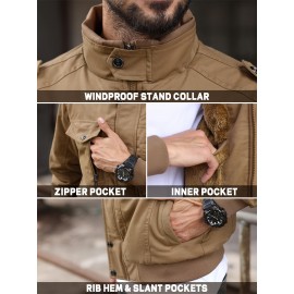 Men's Winter Fleece-Lined Cargo Jacket - Windproof Stand Collar Zipper Jacket with Ribbed Cuffs, Multi-Pockets & Soft Shell for Fall Winter Daily Wear, Outdoor Hiking Camping
