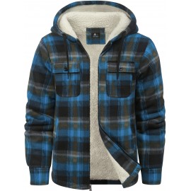 Men's Sherpa-Lined Full-Zip Hooded Jacket - Plaid Flannel Winter Coat with Turquoise/Black/White/Gray Plaid, Machine Washable, Full-Zip Front & Pockets - Casual Outdoor & Everyday Cold Weather Outerwear (Regular Fit)