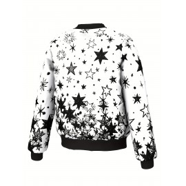 Men's Sporty Starry Sky Print Jacket - Polyester, Zip-Up Baseball Collar with Pockets, Machine Washable - Perfect for Spring/Fall