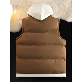 Men'S Hooded Vest - Thickened Warm Sleeveless Jacket with Zipper Closure, Red & Color Block Design, Polyester Lining, Casual Style for Cold Weather, Unisex Couple'S Outerwear, Multiple Colors Available, Winter Vest, Cold Weather Apparel