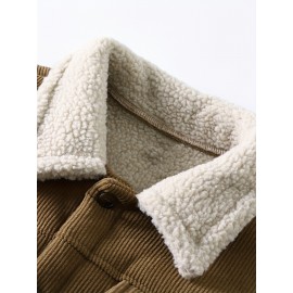 [Heavyweight Winter Jacket] Winter Heavyweight Men's Jacket | Corduroy Texture, Fleece Lining, Flip Collar, Double Pockets, Single-Button Closure, Machine Washable Polyester, Regular Fit Casual Outerwear