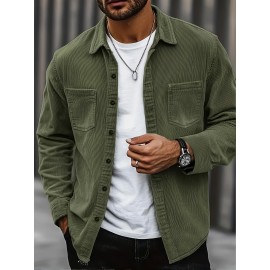 [Men's Corduroy Shirt Jacket] Bohemian Corduroy Shirt Jacket - Men's Solid Color Relaxed Fit Long Sleeve with Chest Pockets, Classic Collar & All-Season Versatile Style for Casual & Formal Wear, Durable Fabric