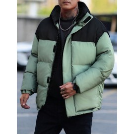 [Men's Winter Jacket] Polyester-Filled Men's Winter Jacket - Black & Casual Outdoor Warm Coat with Stand Collar, Regular Fit for Cold Weather, No Stretch Fabric