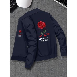 Casual Varsity Jacket for Men - Knit Polyester Blend, Regular Fit, Stand Collar, Slight Stretch, Classic Rose Print Detail